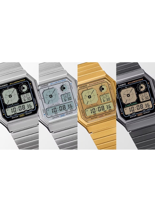 كاسيو ساعة كاسيو فينتج الرقمية A130WE-7ADF باللون الفضي، سوار ستانلس ستيل، توقيت عالمي، إضاءة LED، كرونومتر ومؤقت - Image 3